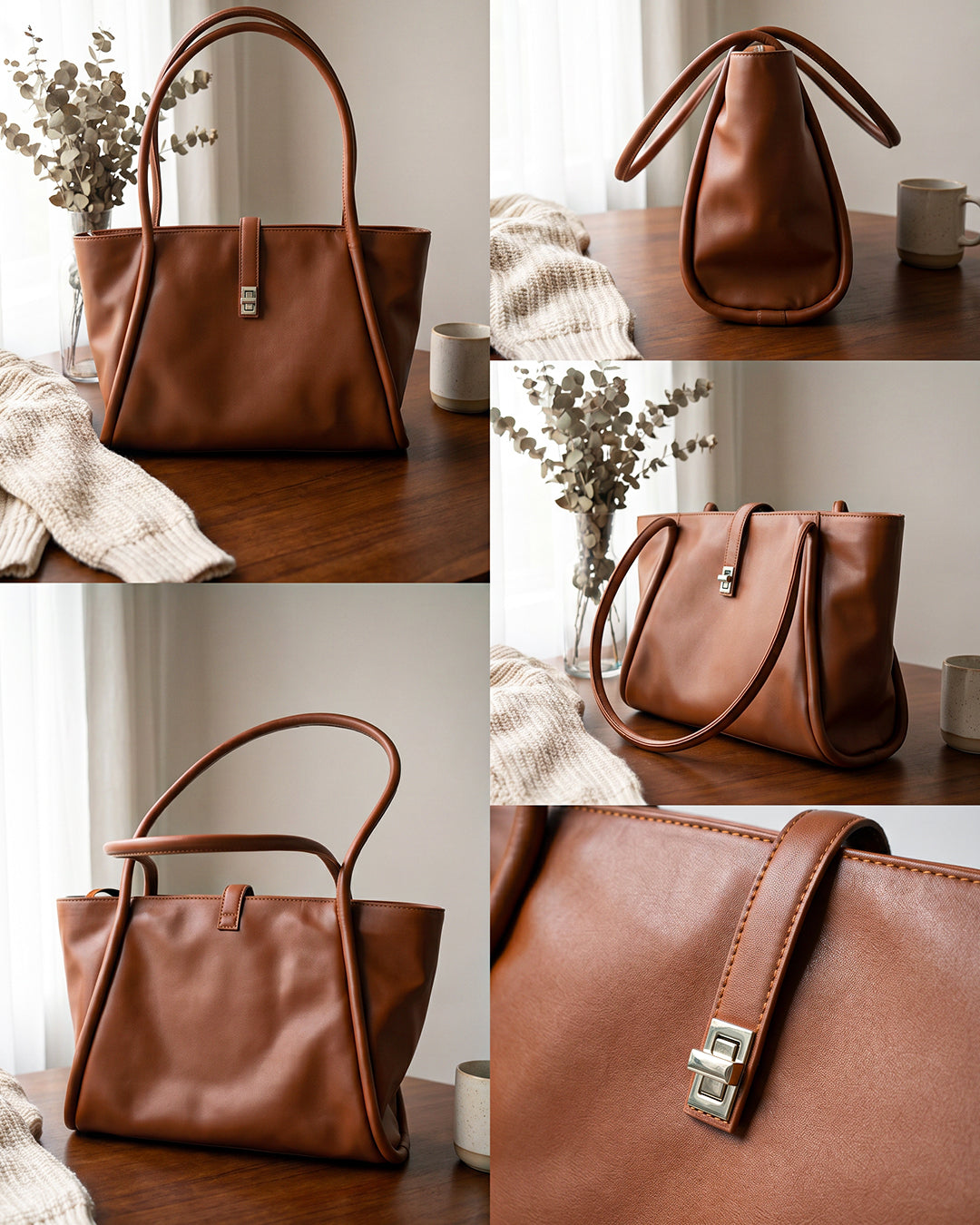 Minimalist Turn Lock Tote Bag in Rust Brown