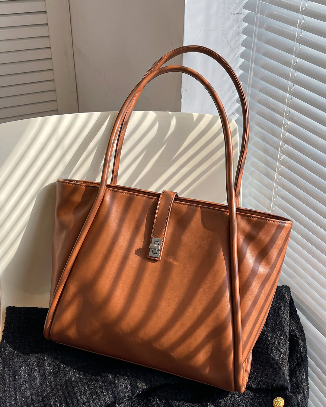 Minimalist Turn Lock Tote Bag in Rust Brown