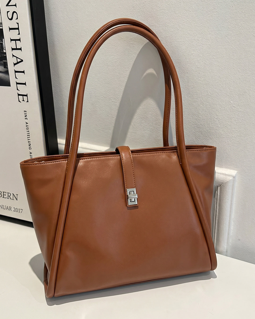 Minimalist Turn Lock Tote Bag in Rust Brown