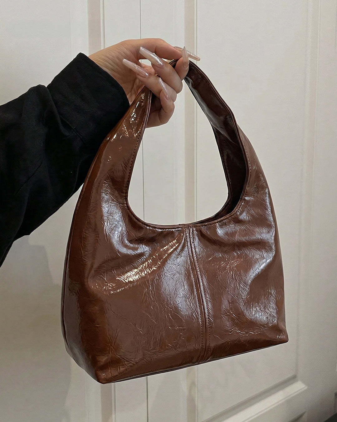 Glossy Finish Hobo Shoulder Bag in Espresso Brown