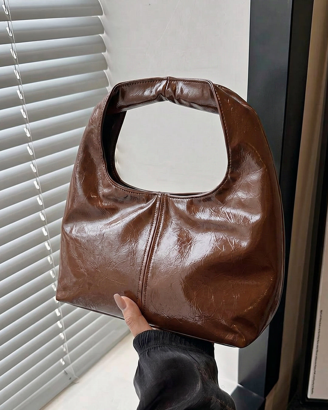 Glossy Finish Hobo Shoulder Bag in Espresso Brown