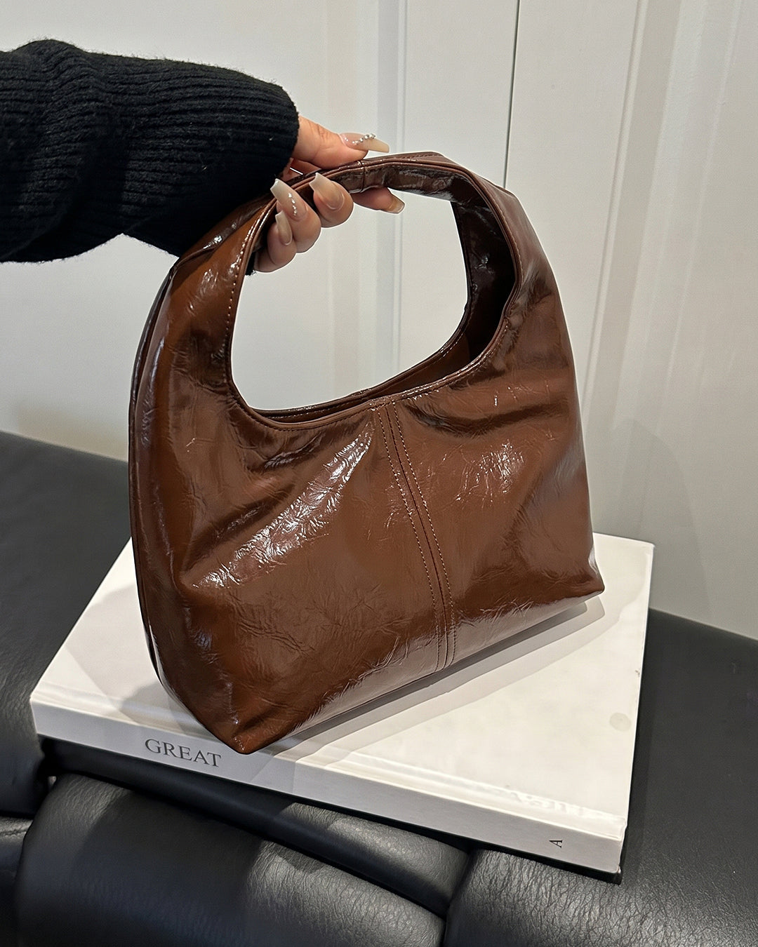 Glossy Finish Hobo Shoulder Bag in Espresso Brown