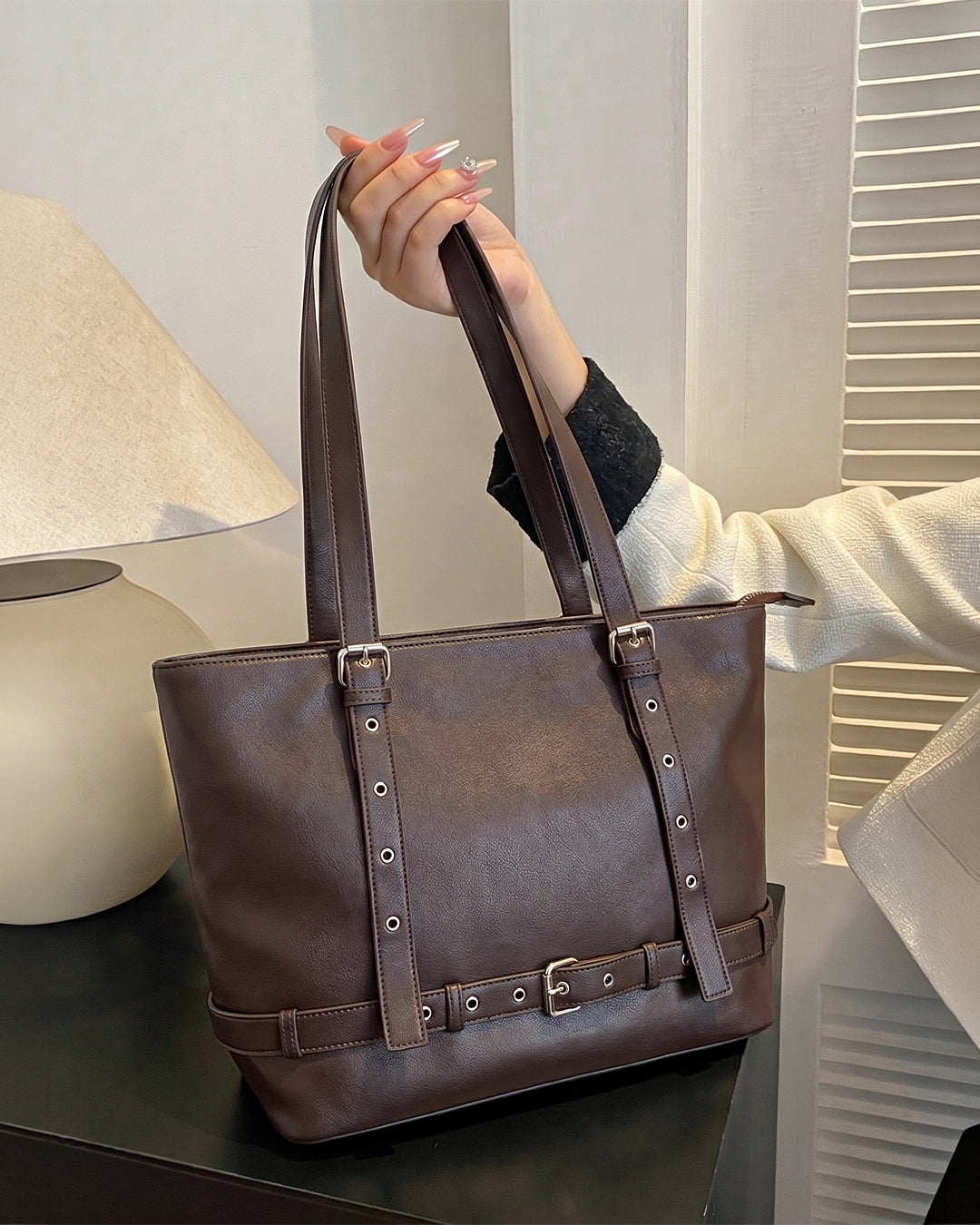 Belt Accent Work Tote Bag in Chocolate Brown