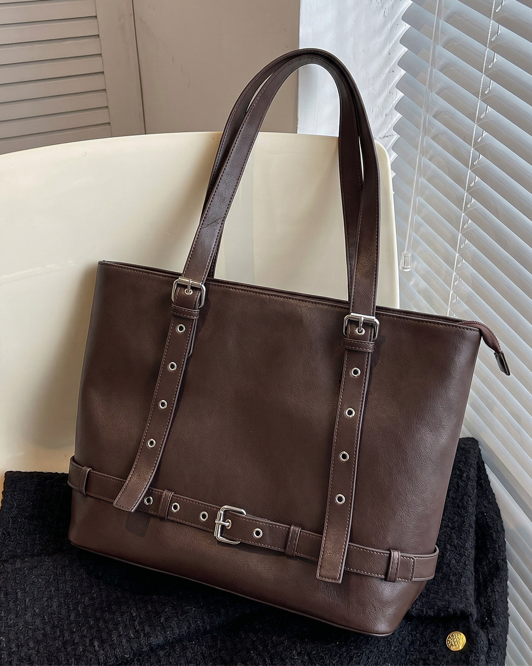 Belt Accent Work Tote Bag in Chocolate Brown