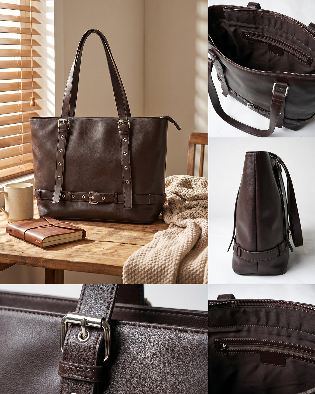 Belt Accent Work Tote Bag in Chocolate Brown