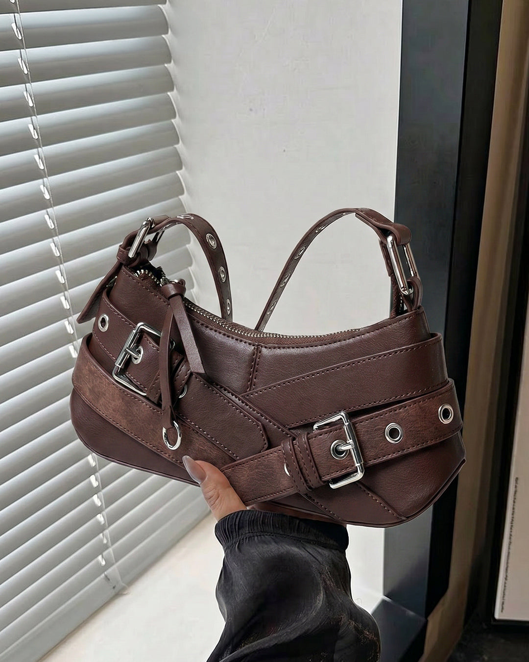 Buckle Detail Eyelet Strap Shoulder Bag in Cocoa Brown