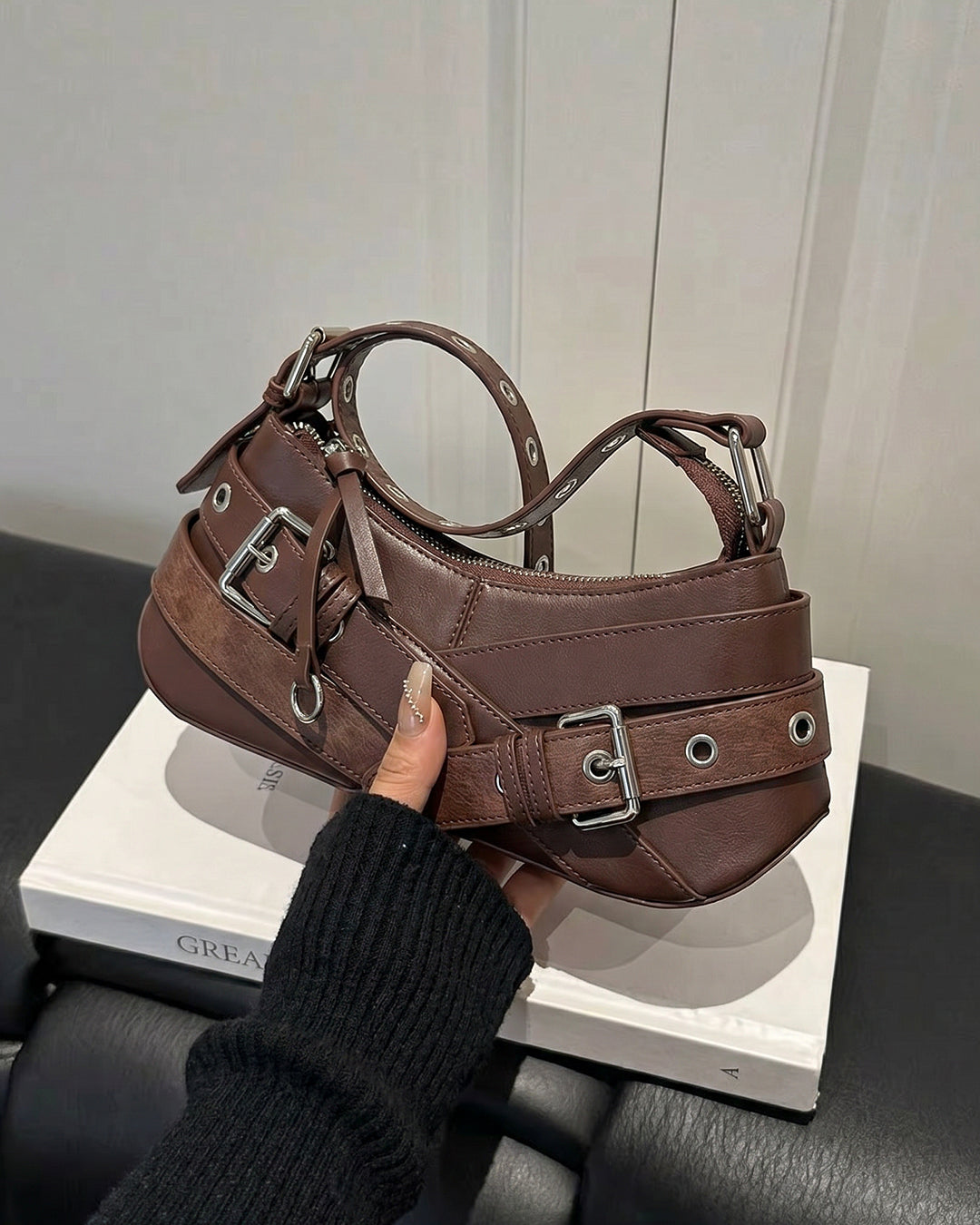 Buckle Detail Eyelet Strap Shoulder Bag in Cocoa Brown