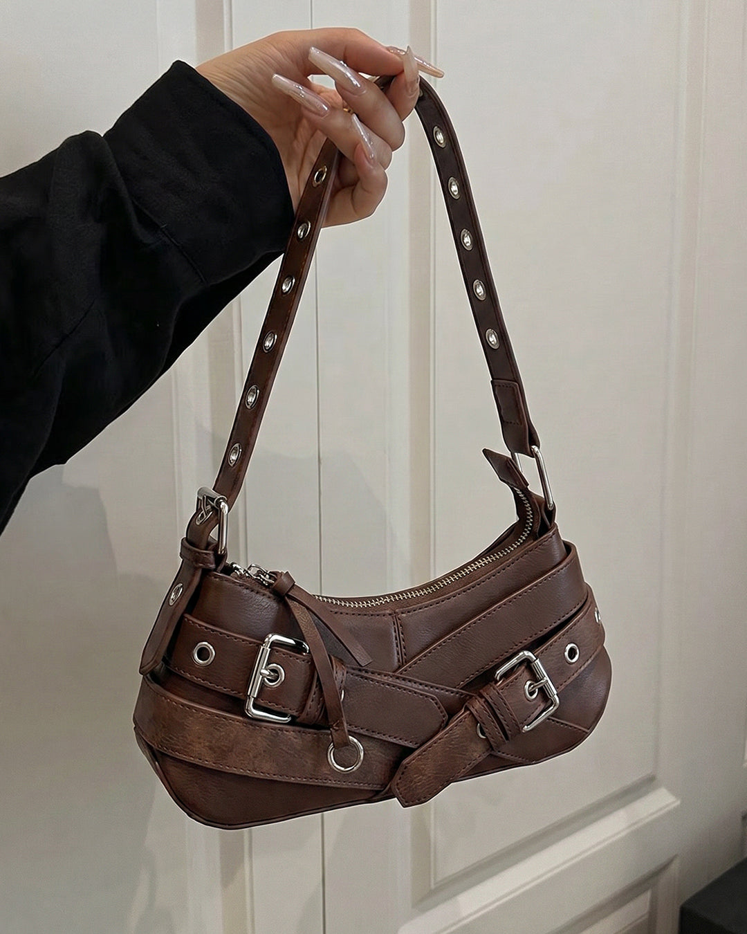 Buckle Detail Eyelet Strap Shoulder Bag in Cocoa Brown