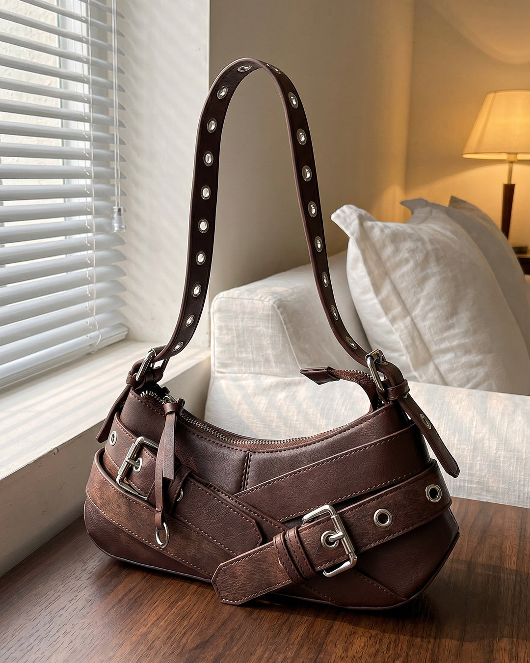 Buckle Detail Eyelet Strap Shoulder Bag in Cocoa Brown