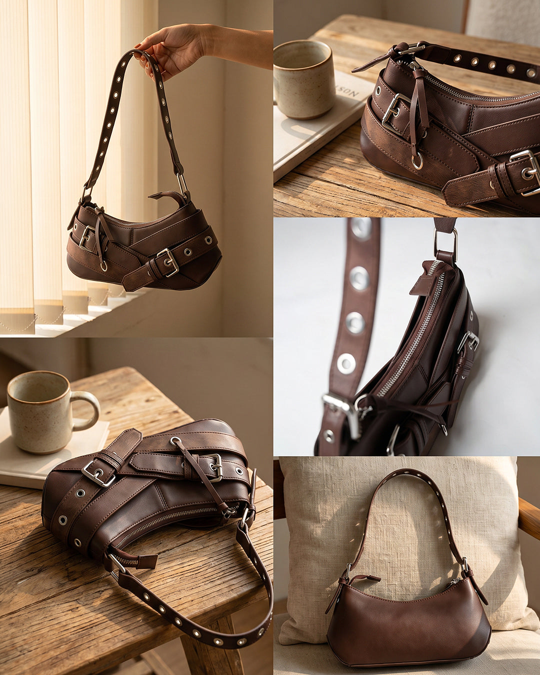 Buckle Detail Eyelet Strap Shoulder Bag in Cocoa Brown