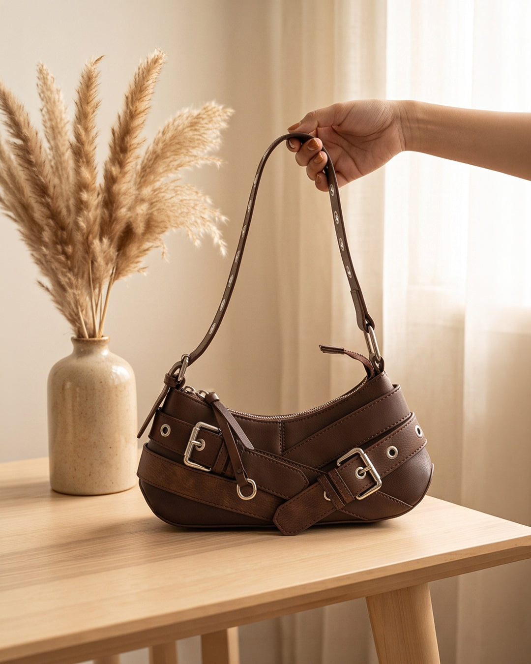 Buckle Detail Eyelet Strap Shoulder Bag in Cocoa Brown