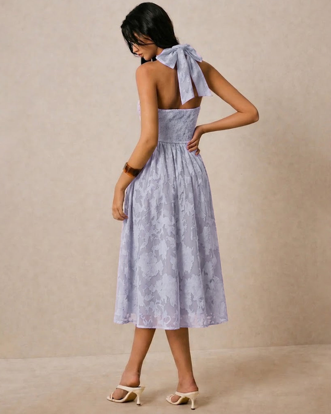 Floral Textured Halter Neck Waisted Midi Dress in Lilac