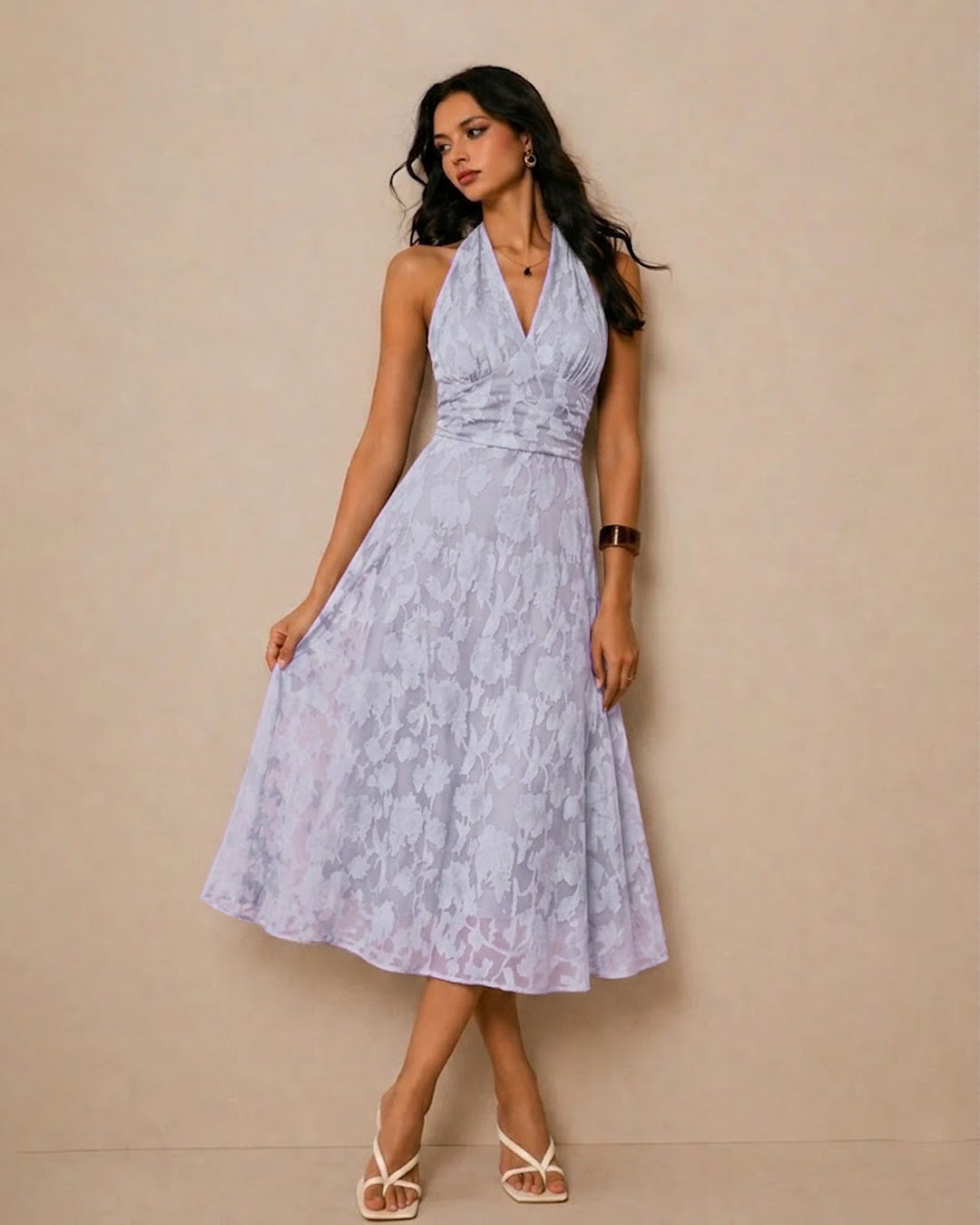 Floral Textured Halter Neck Waisted Midi Dress in Lilac