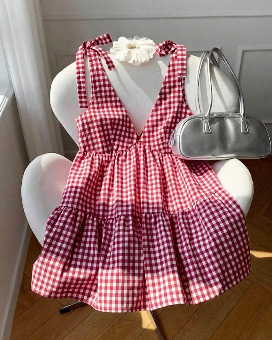 Striped V-Neck Sleeveless Tiered Mini Dress in Crimson Red