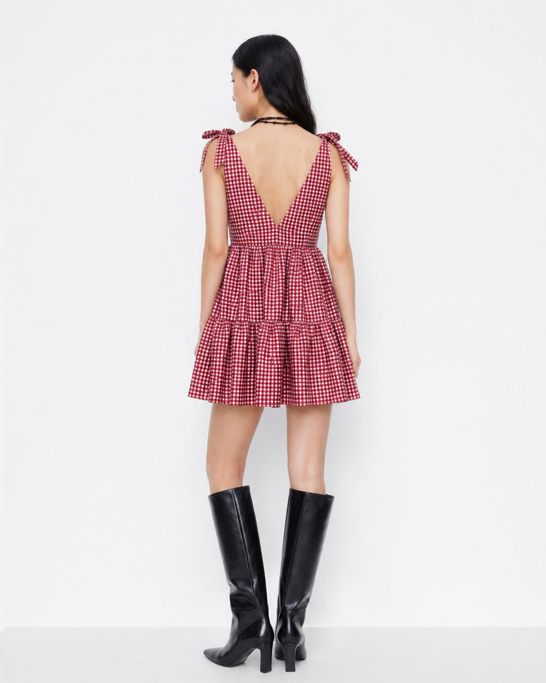 Striped V-Neck Sleeveless Tiered Mini Dress in Crimson Red