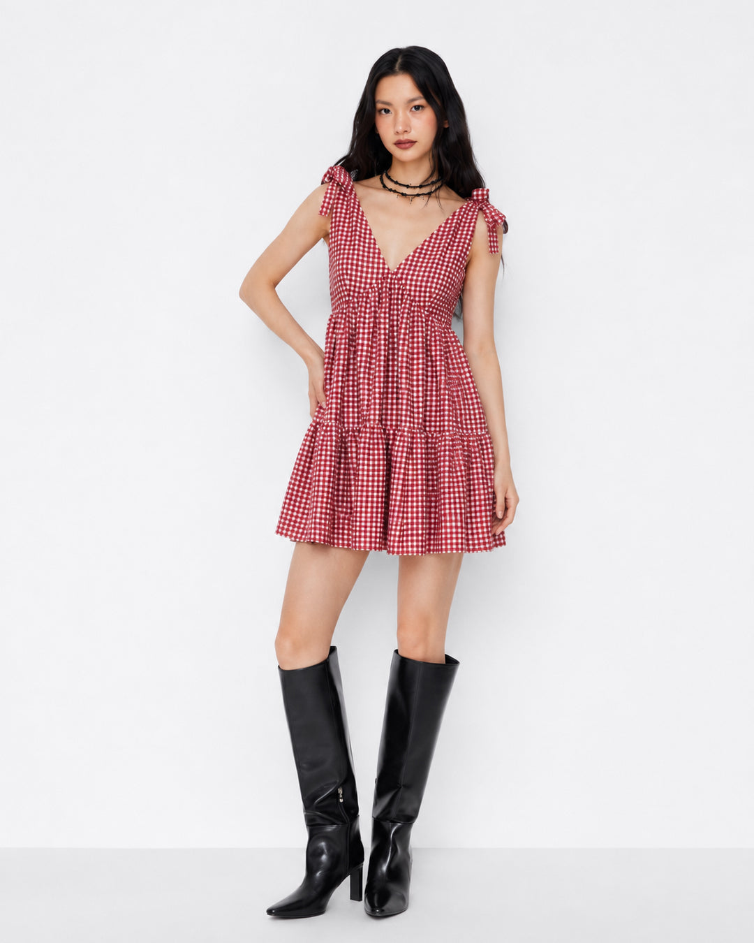 Striped V-Neck Sleeveless Tiered Mini Dress in Crimson Red