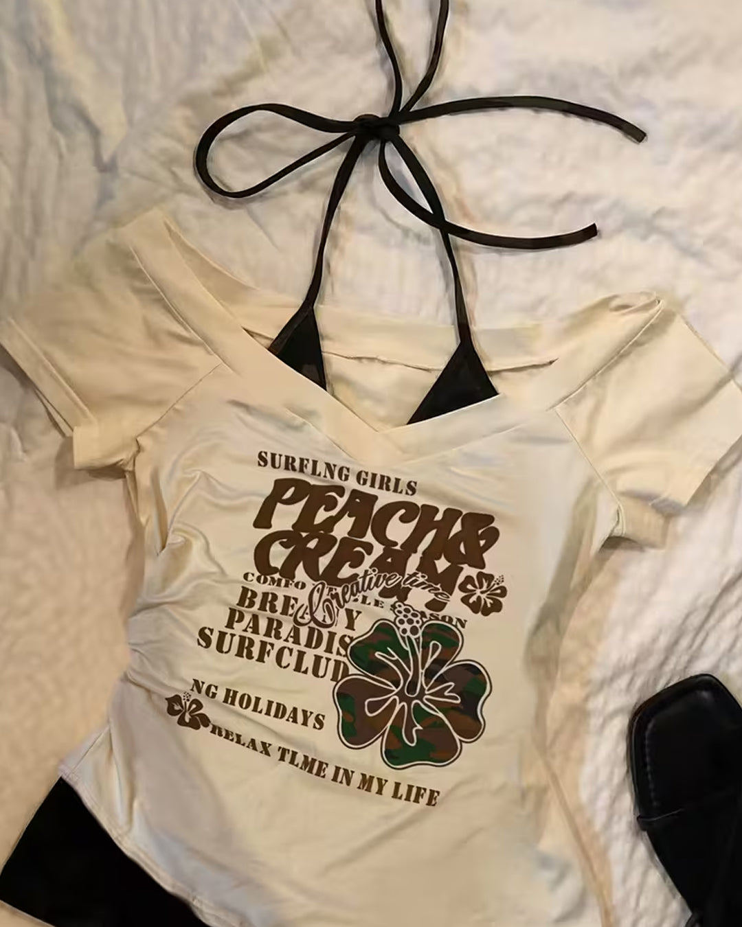 Vintage Graphic Print Halter Neck Fitted Top in Cream