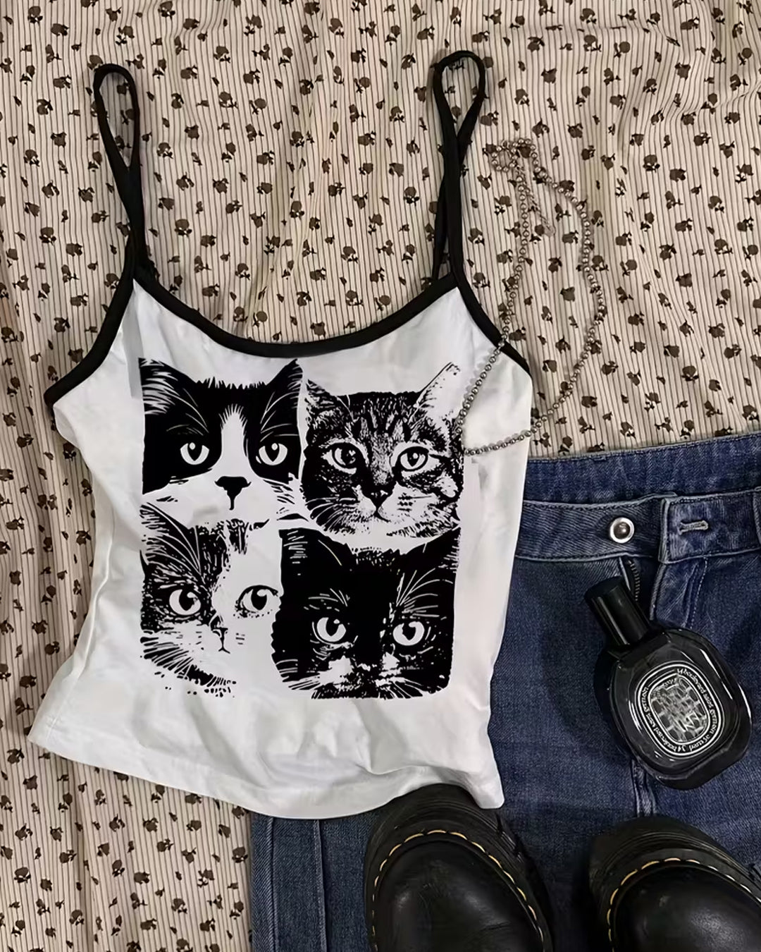 Cat Graphic Sleeveless Cami Top in Classic White