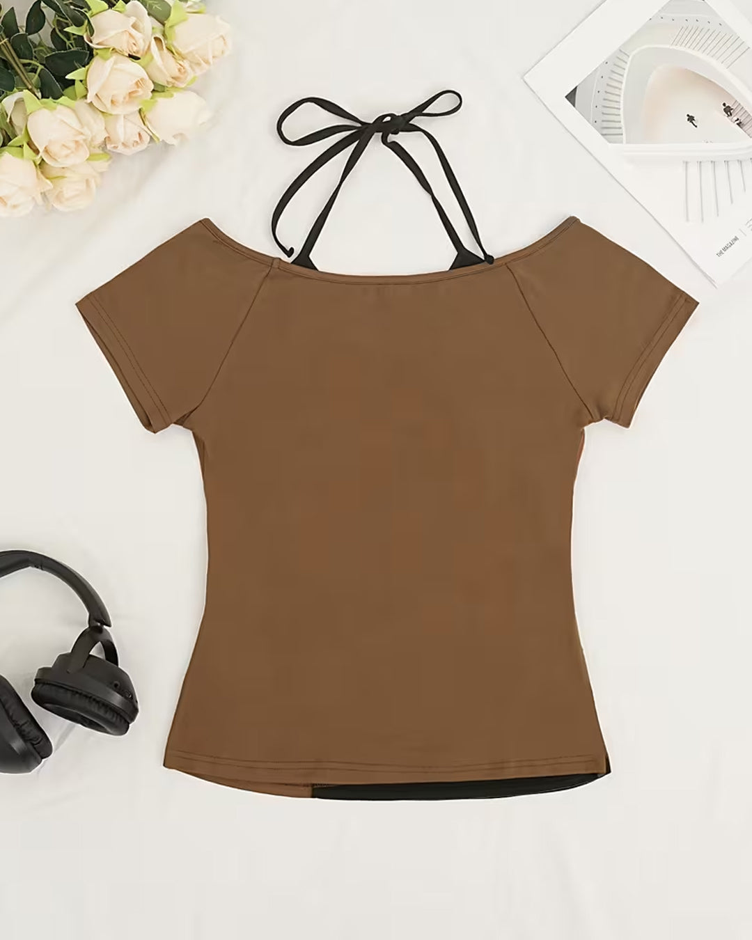 Vintage Graphic Print Halter Neck Fitted Top in Coffee Brown