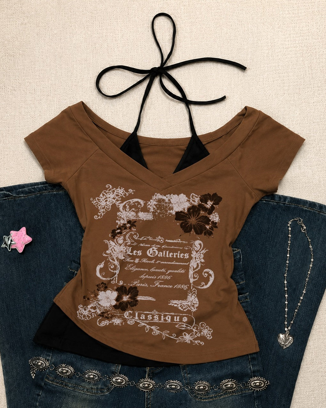 Vintage Graphic Print Halter Neck Fitted Top in Coffee Brown