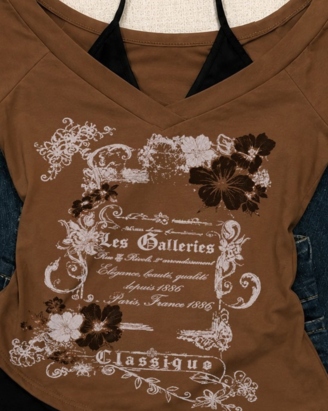 Vintage Graphic Print Halter Neck Fitted Top in Coffee Brown