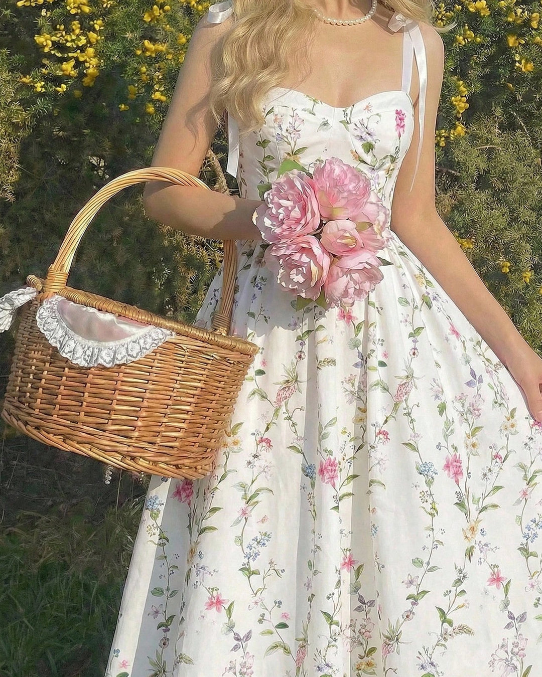 Ribbon Tie Shoulder Corset Bodice Floral Midi Dress in Classic White