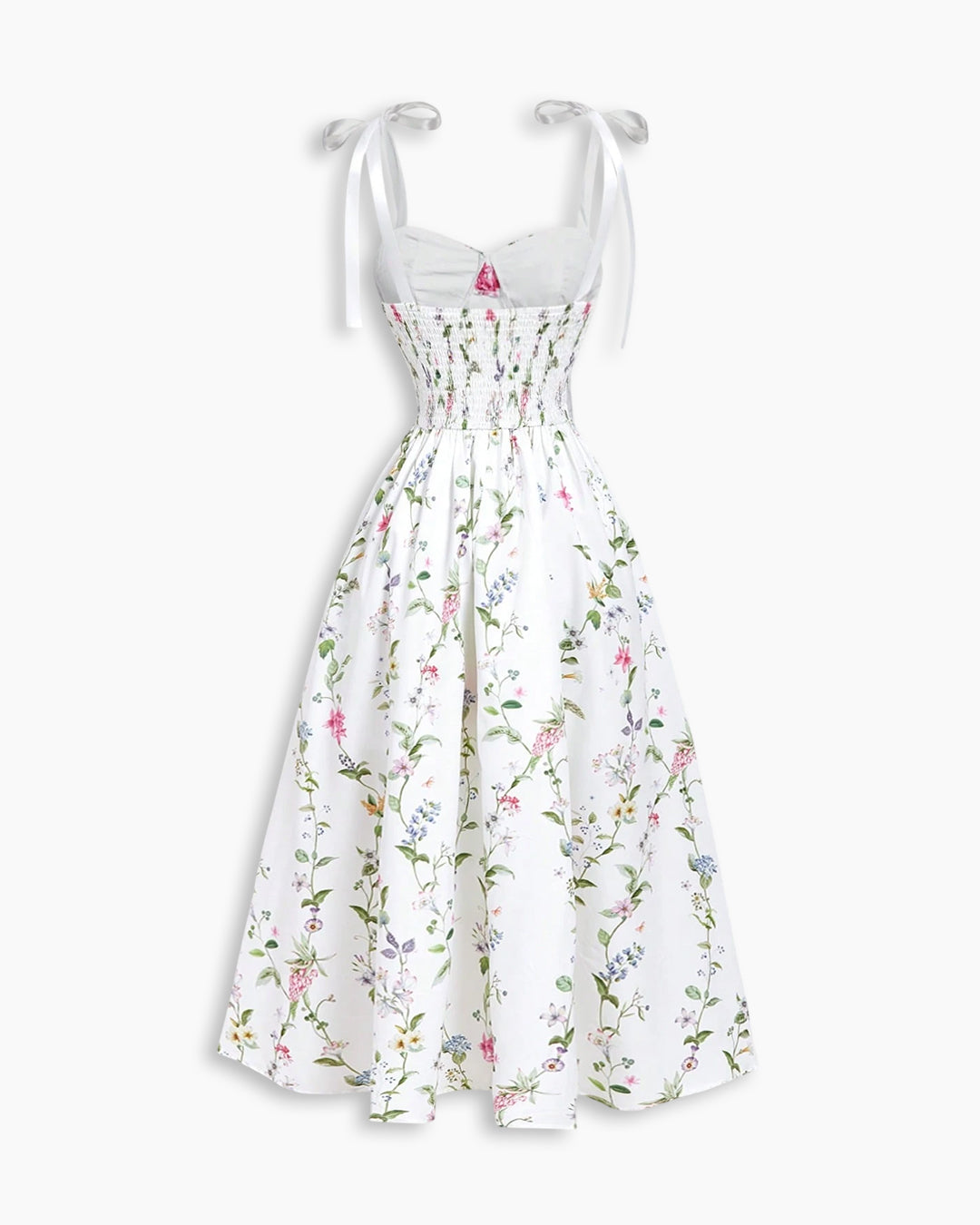 Ribbon Tie Shoulder Corset Bodice Floral Midi Dress in Classic White