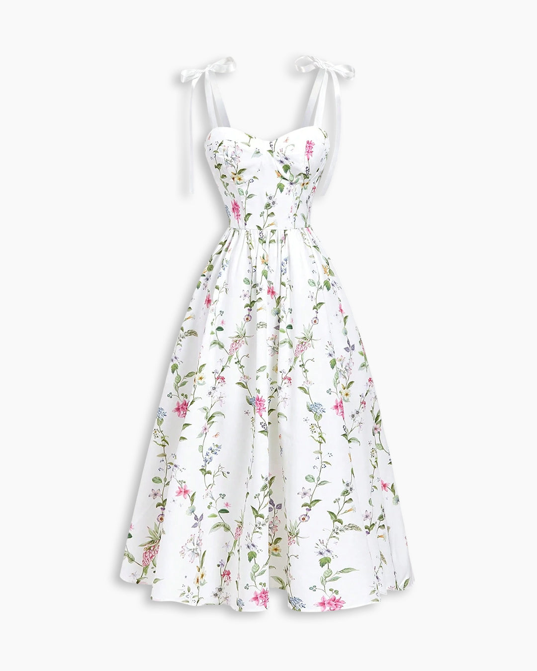 Ribbon Tie Shoulder Corset Bodice Floral Midi Dress in Classic White