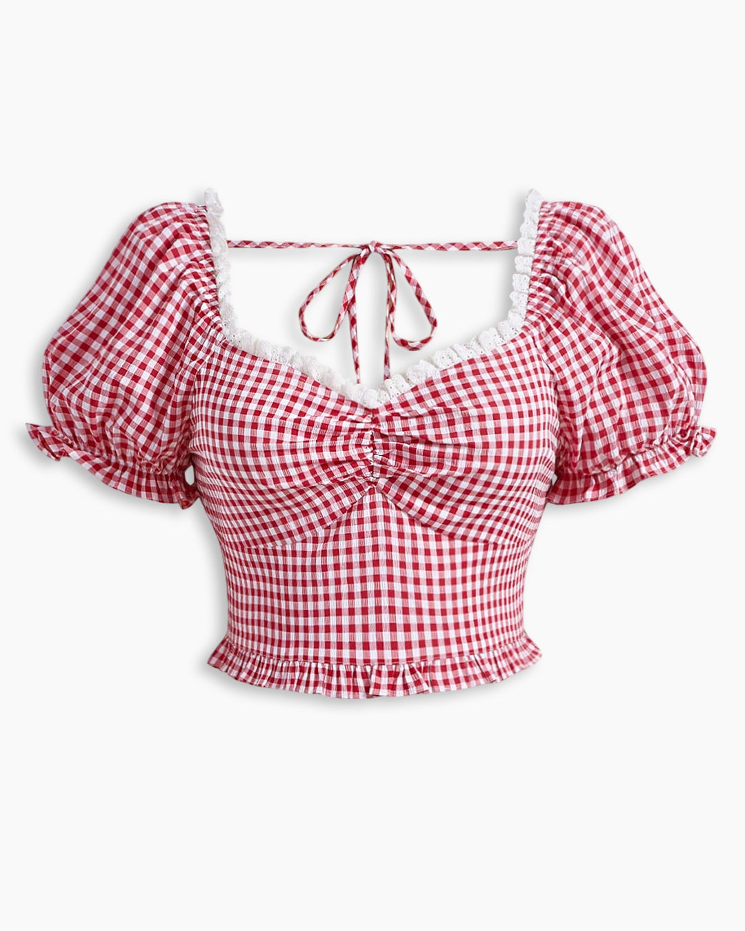 Puff Sleeve Lace Trim Ruched Front Fitted Top in Red