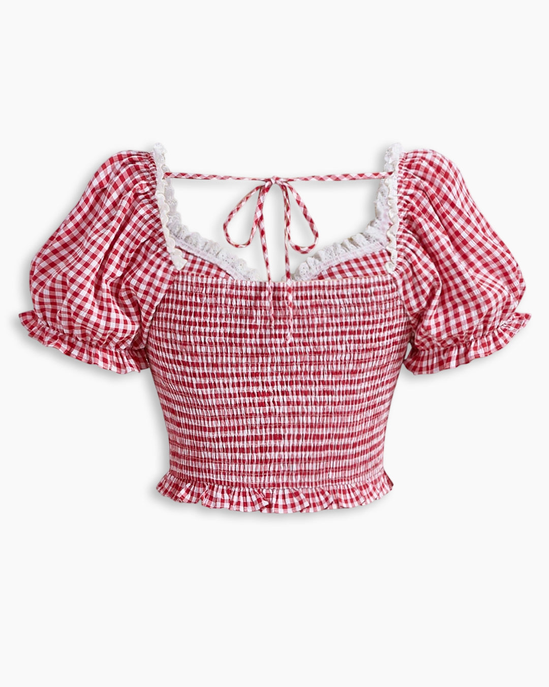 Puff Sleeve Lace Trim Ruched Front Fitted Top in Red