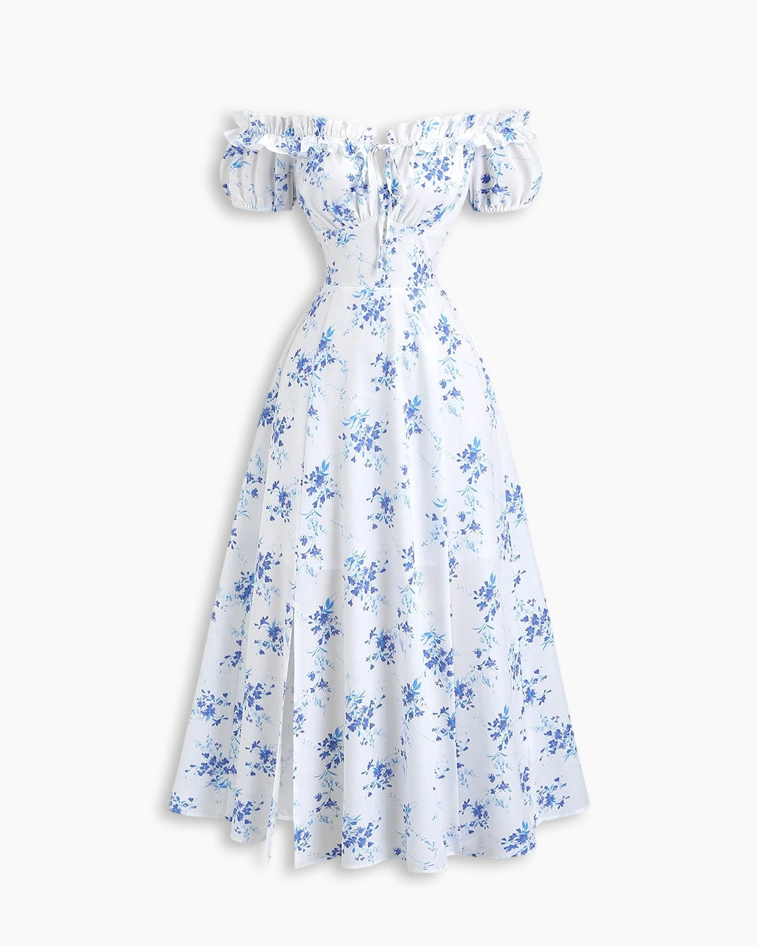 Ditsy Floral Off Shoulder Flared Slit Hem Dress In Classic White