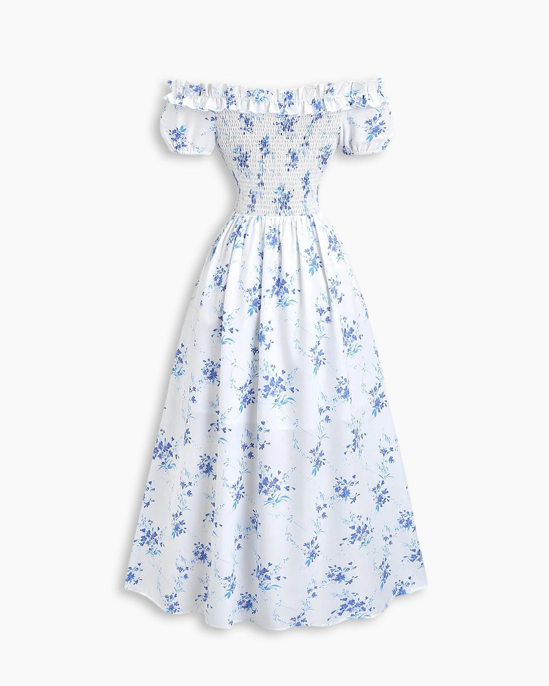 Ditsy Floral Off Shoulder Flared Slit Hem Dress In Classic White