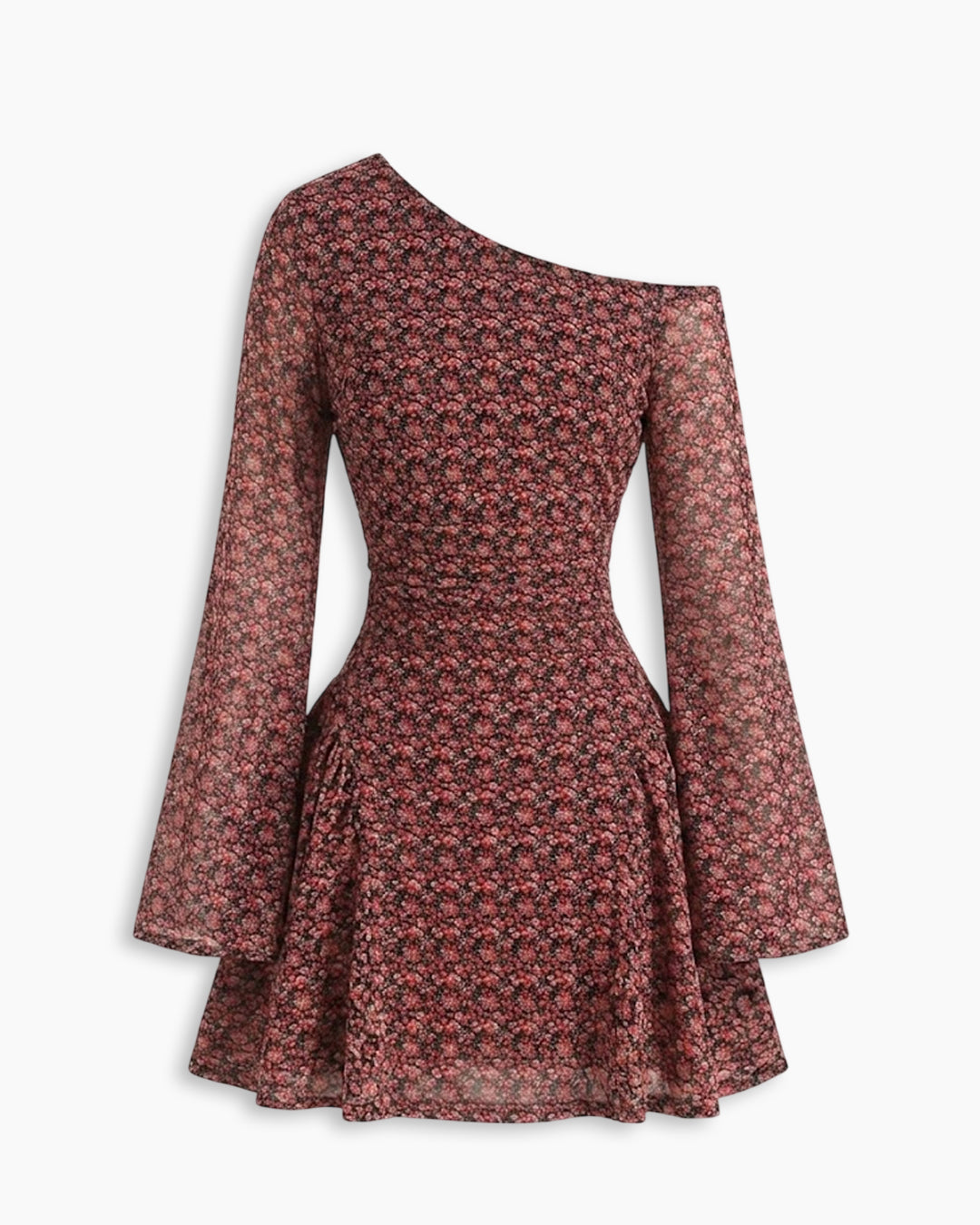 Asymmetrical Neck Floral Flared Sleeve Mini Dress in Merlot