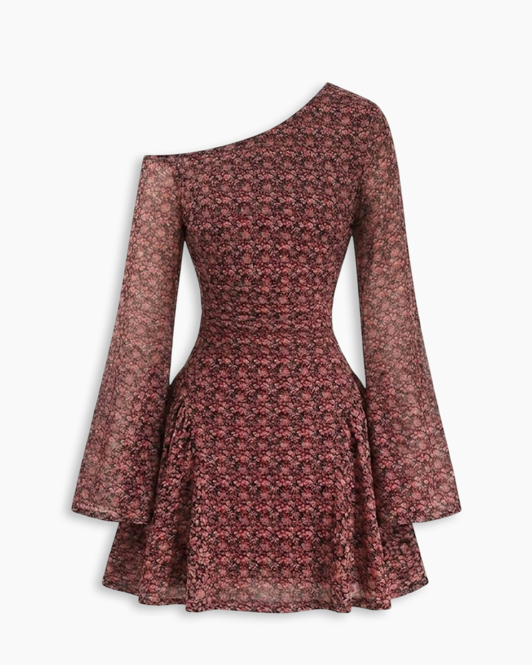 Asymmetrical Neck Floral Flared Sleeve Mini Dress in Merlot
