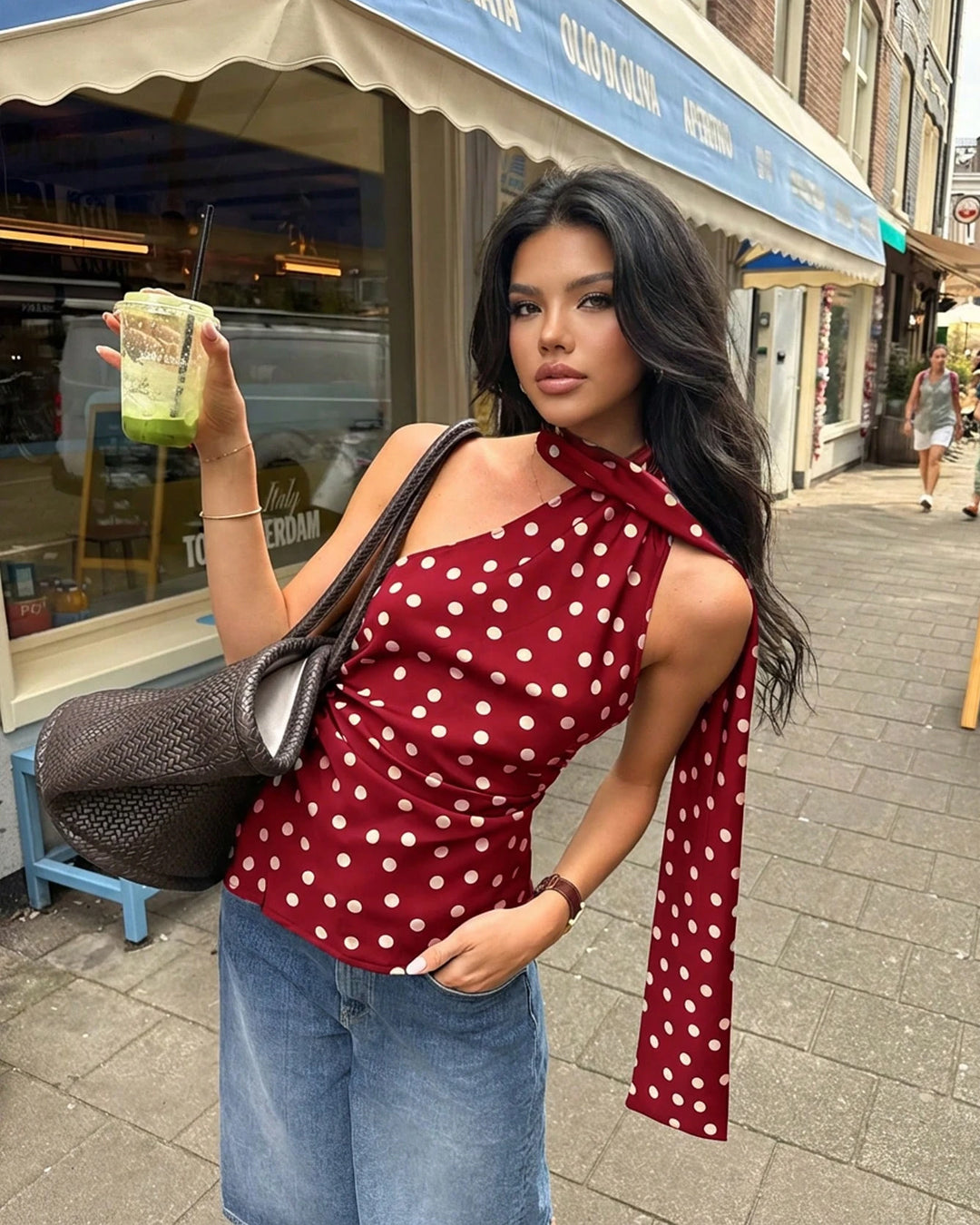 Halter Neck Polka Dot Fitted Top in Cherry Red