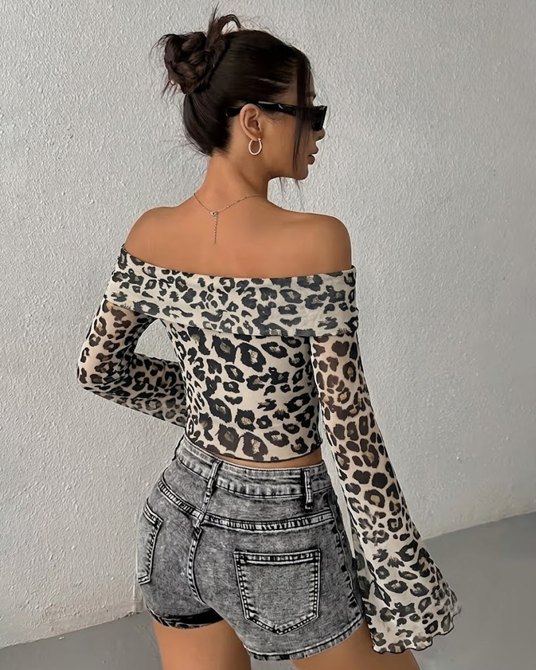 Leopard Print Off Shoulder Fitted Crop Top in Black & White