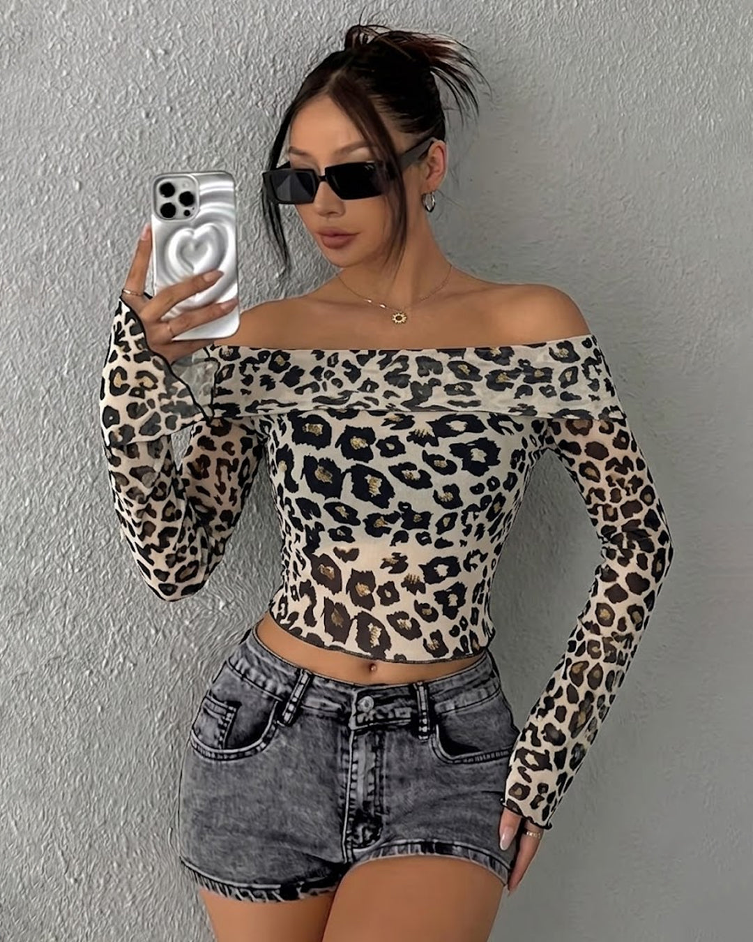 Leopard Print Off Shoulder Fitted Crop Top in Black & White
