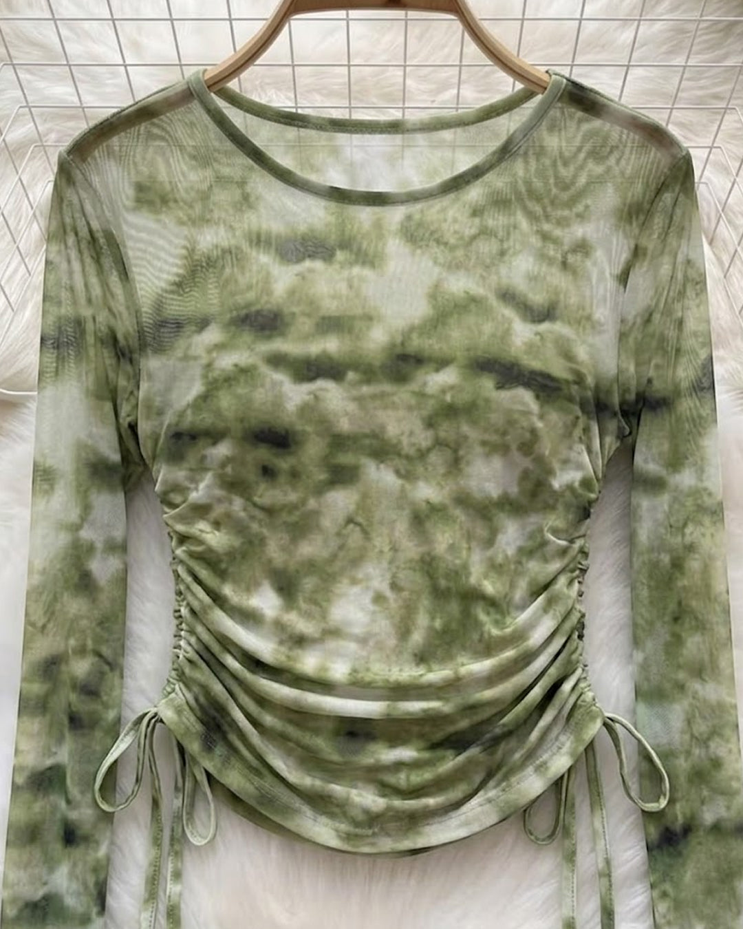 Ruched Tie Detail Fitted Long Sleeve Top in Herbal Green