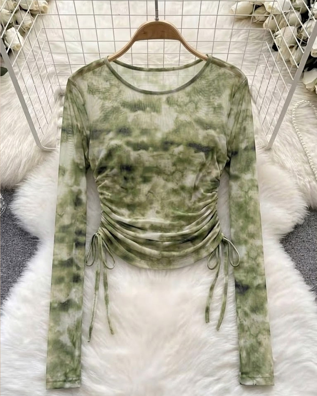 Ruched Tie Detail Fitted Long Sleeve Top in Herbal Green