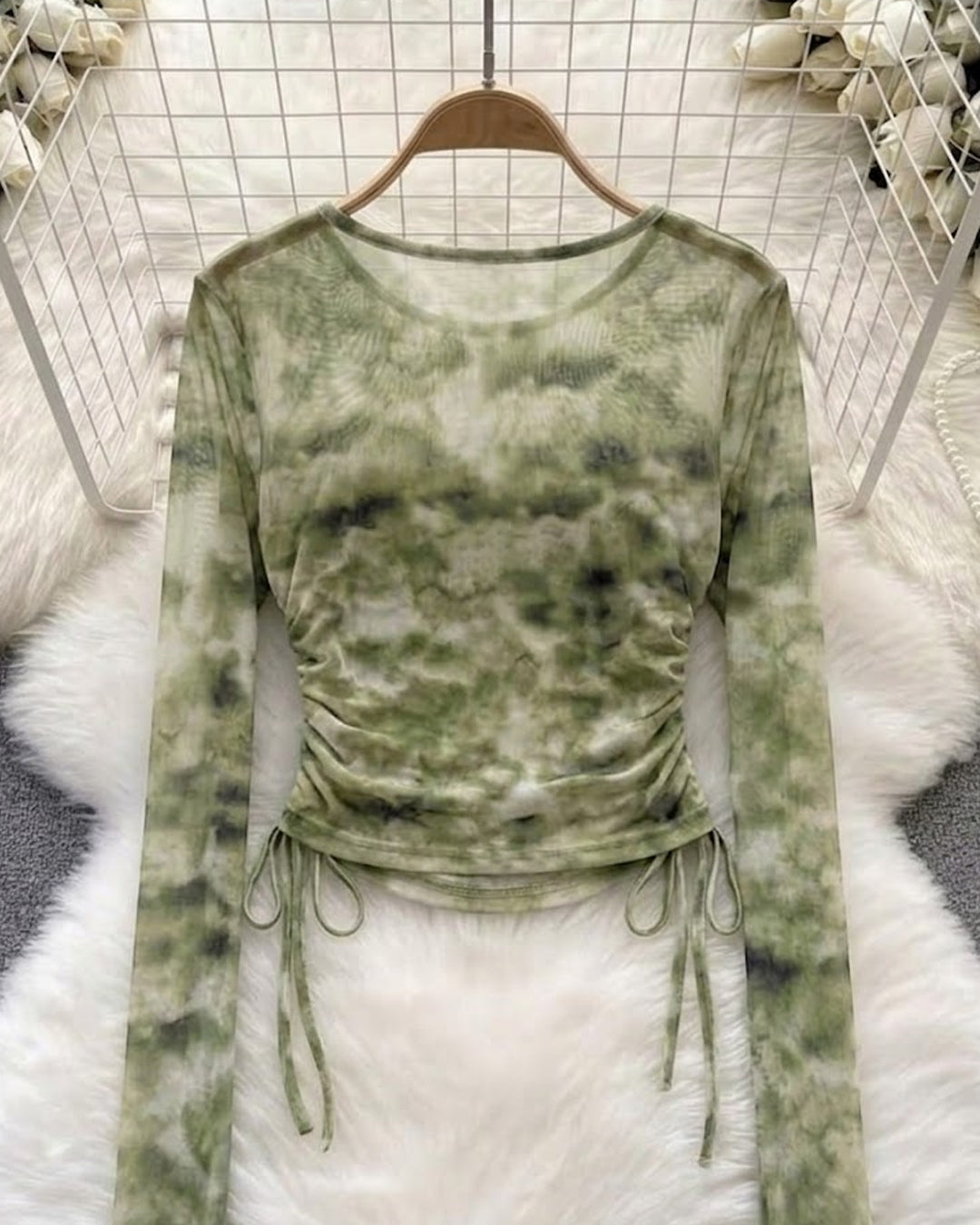 Ruched Tie Detail Fitted Long Sleeve Top in Herbal Green