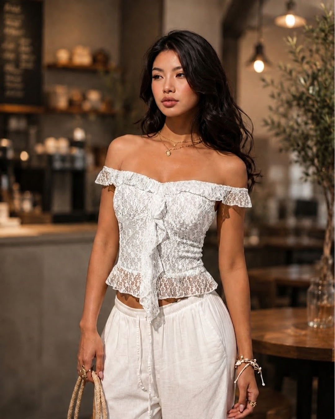 Off Shoulder Ruffle Hem Top in Classic White