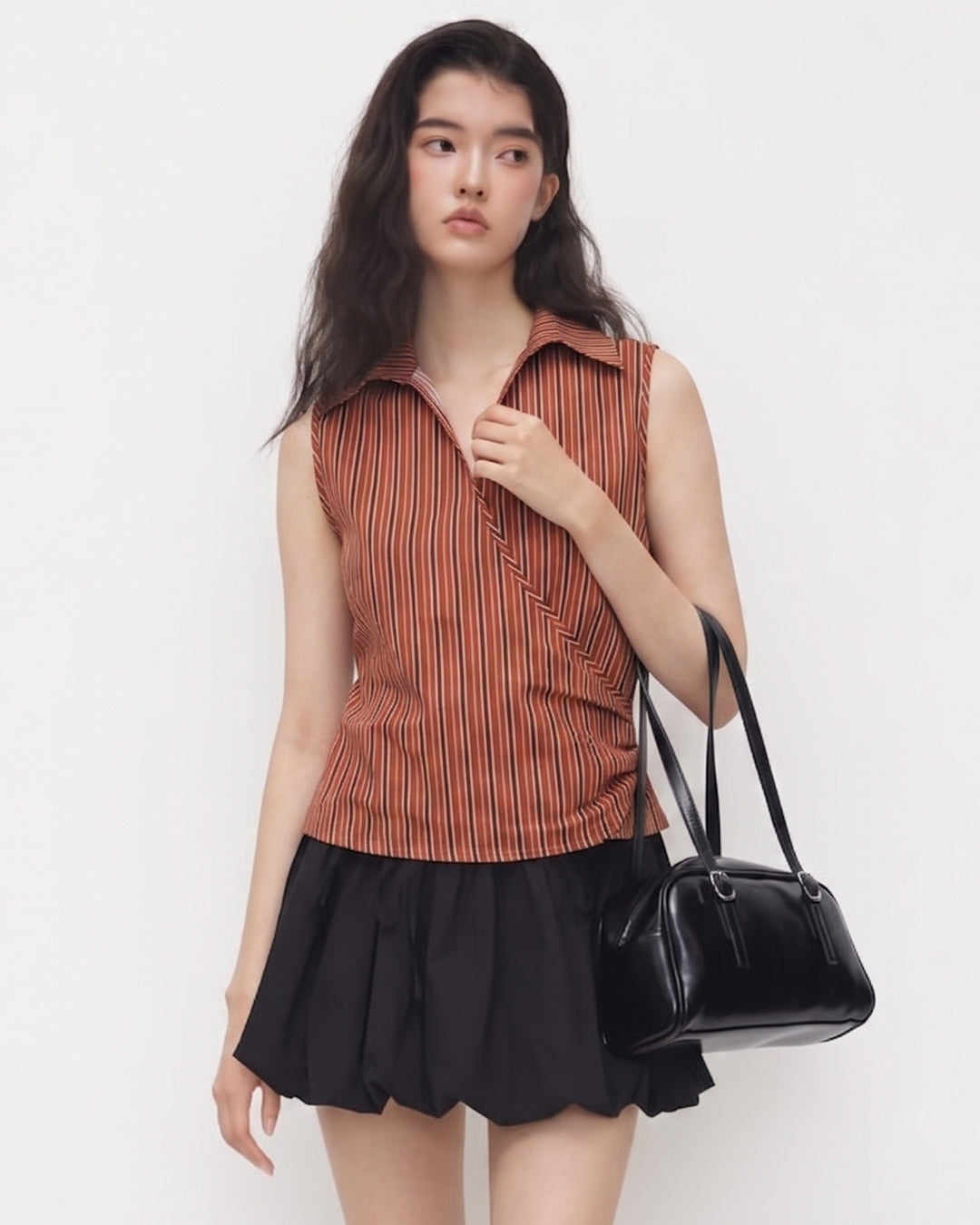 Striped Collared Wrap Tie Fitted Top in Rust
