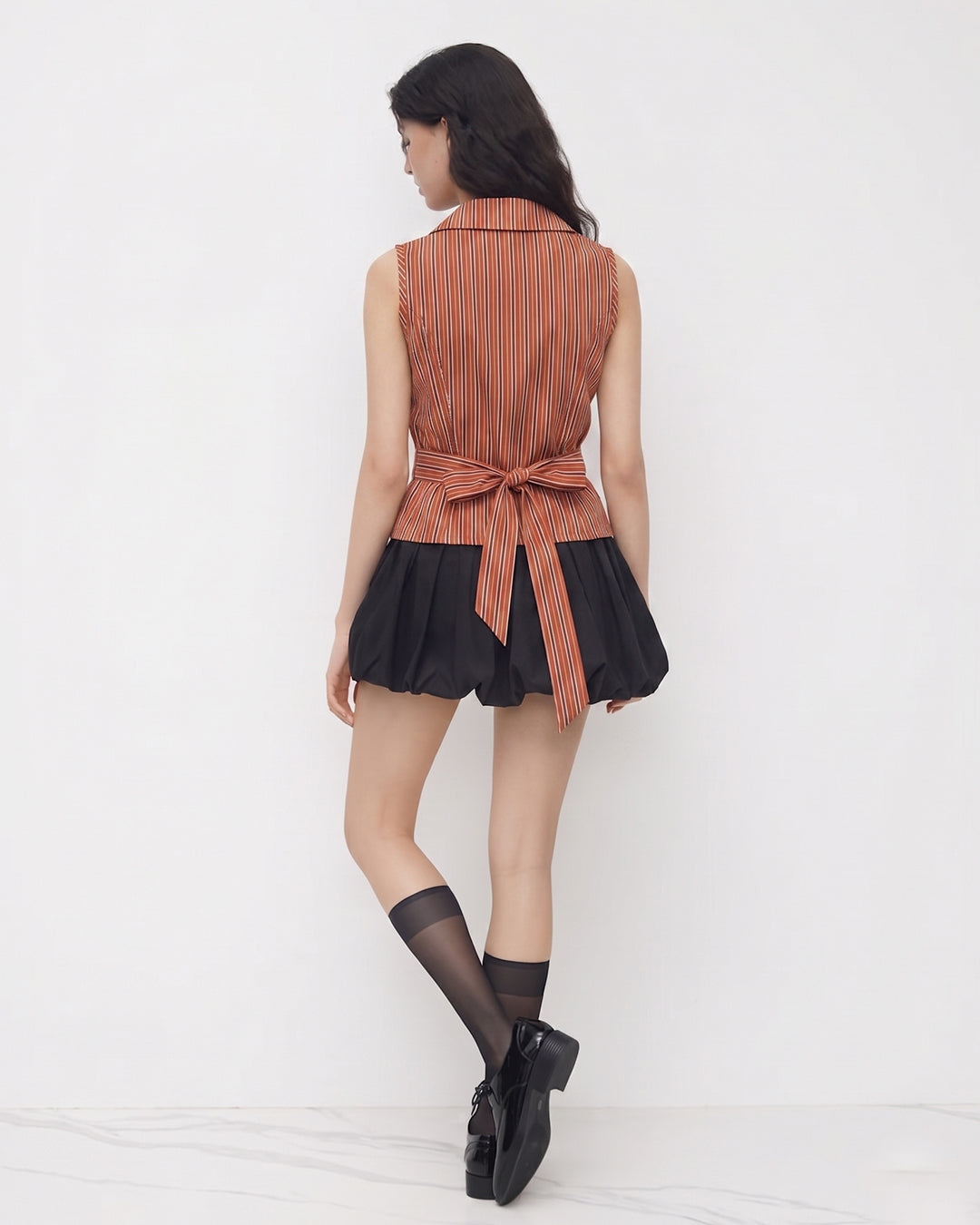 Striped Collared Wrap Tie Fitted Top in Rust