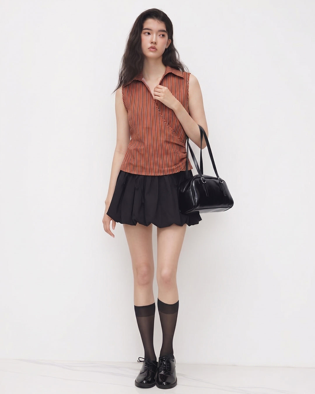 Striped Collared Wrap Tie Fitted Top in Rust