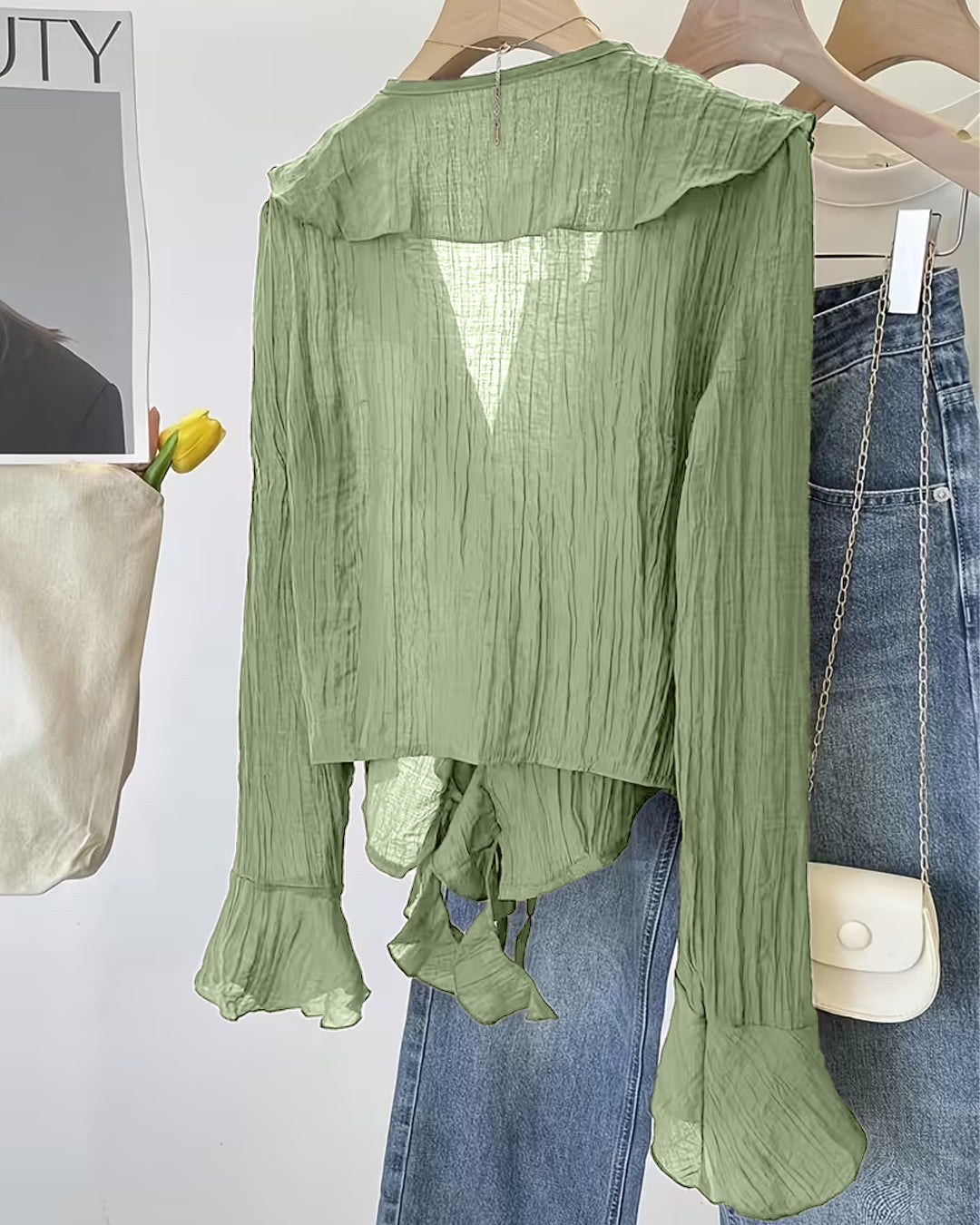 Ruffle Trim Tie Front Full Sleeve Top in Sage Green