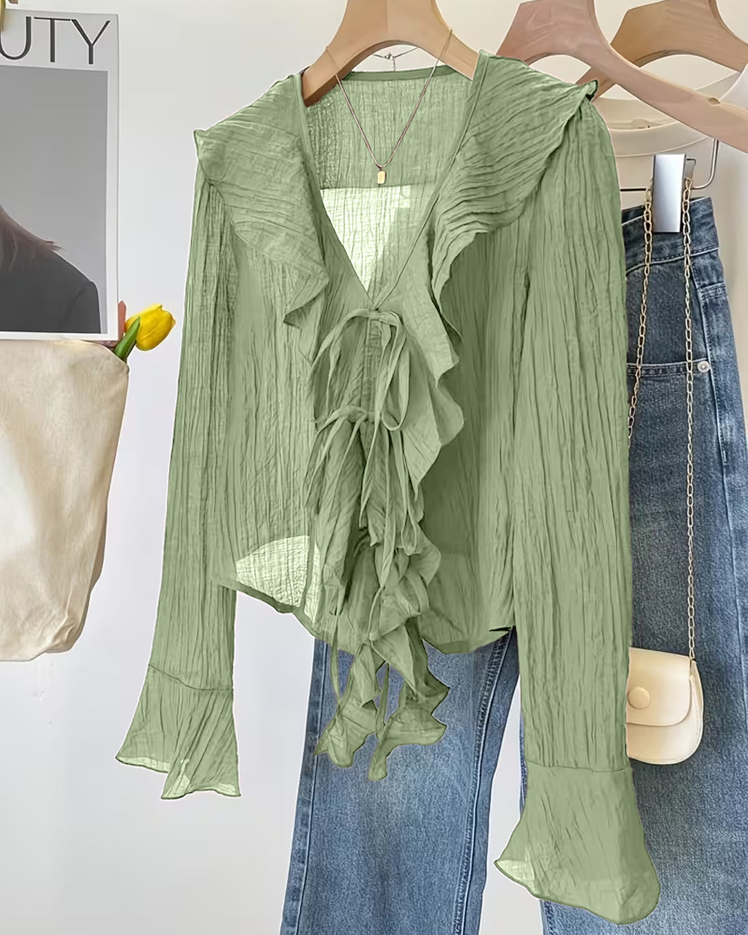 Ruffle Trim Tie Front Full Sleeve Top in Sage Green