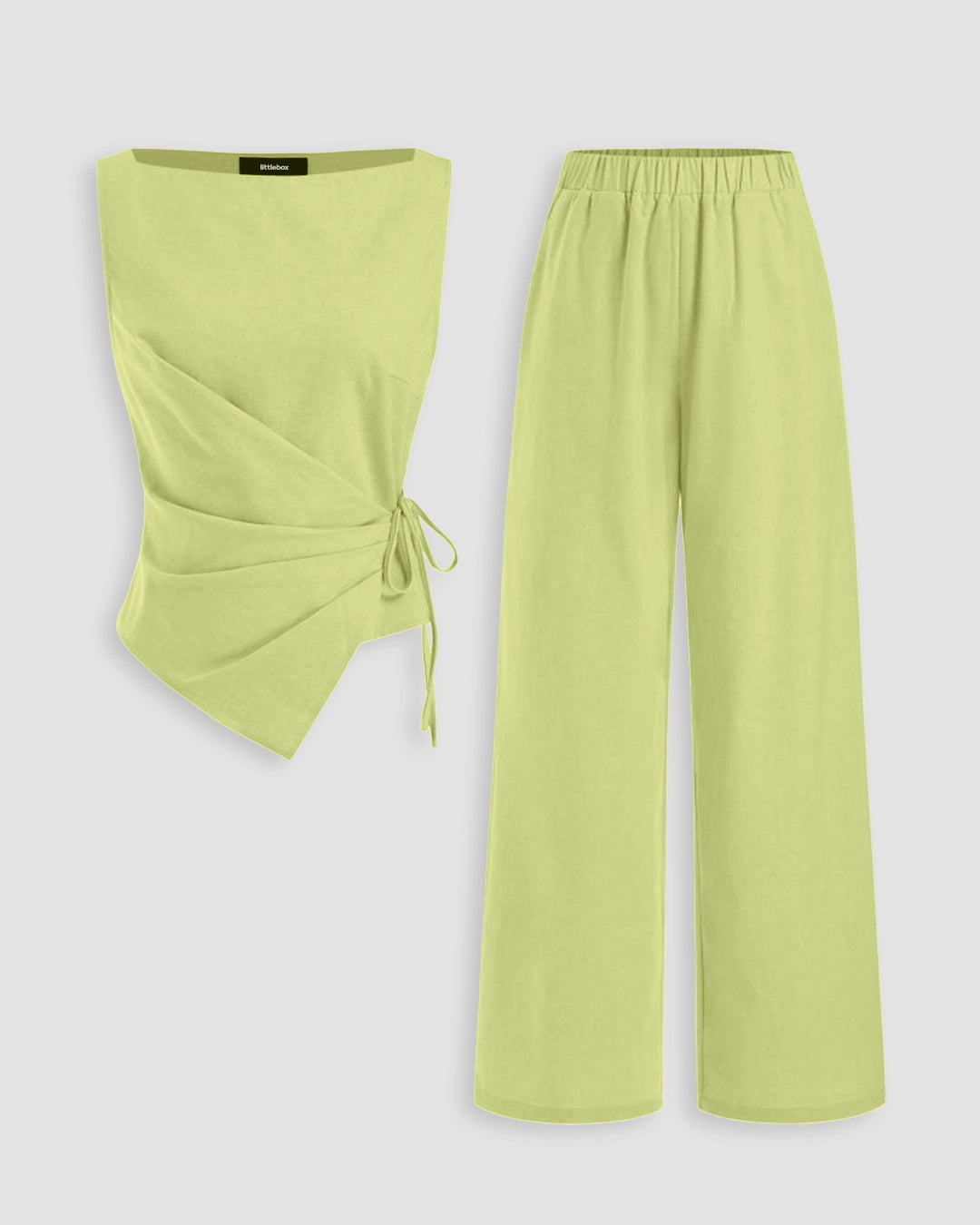 Wrap Tie Asymmetrical Hem Top and Wide Leg Trouser Coord Set in Lime Green