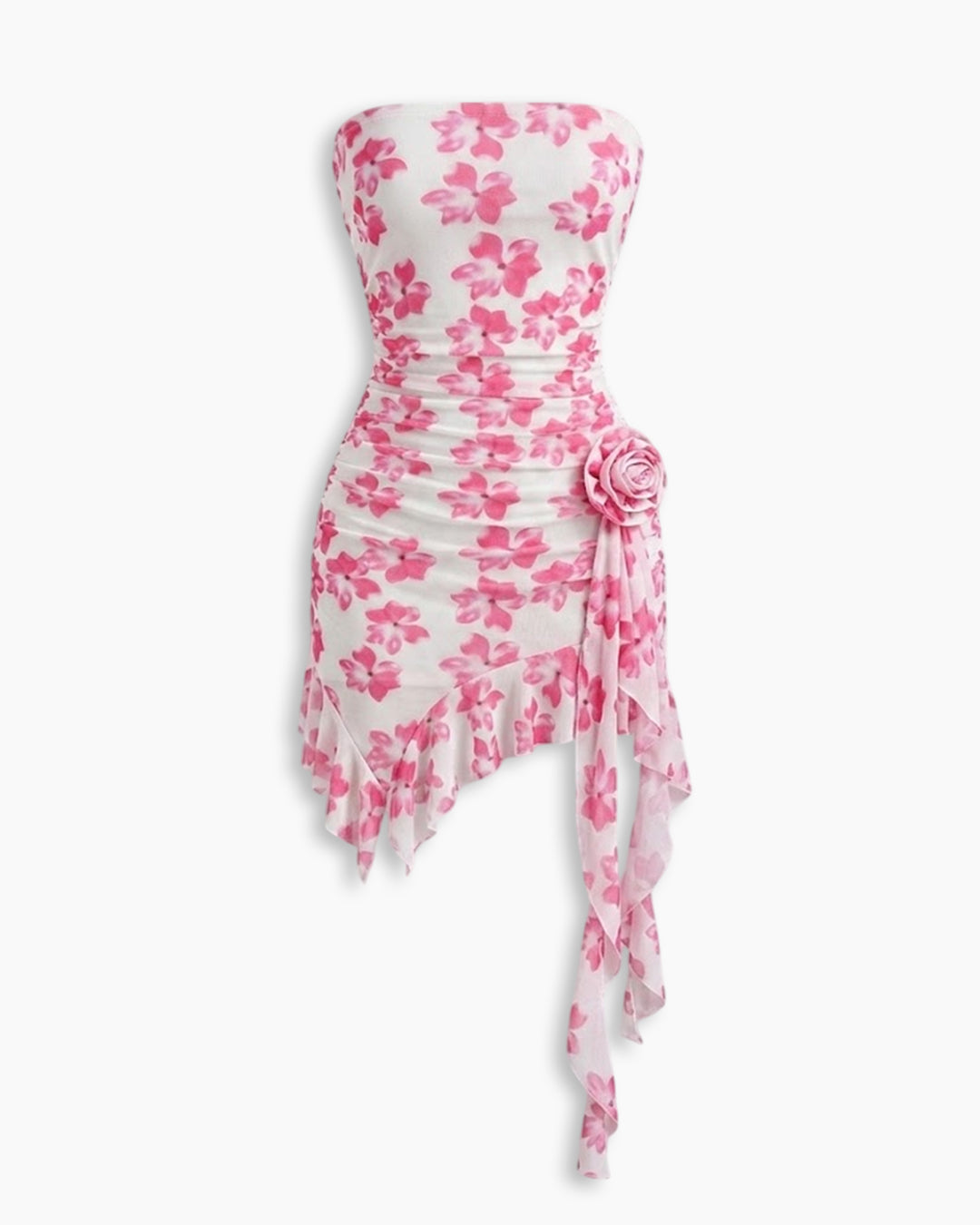 Strapless Rosette Detail Bodycon Dress in Classic White and Blush Pink