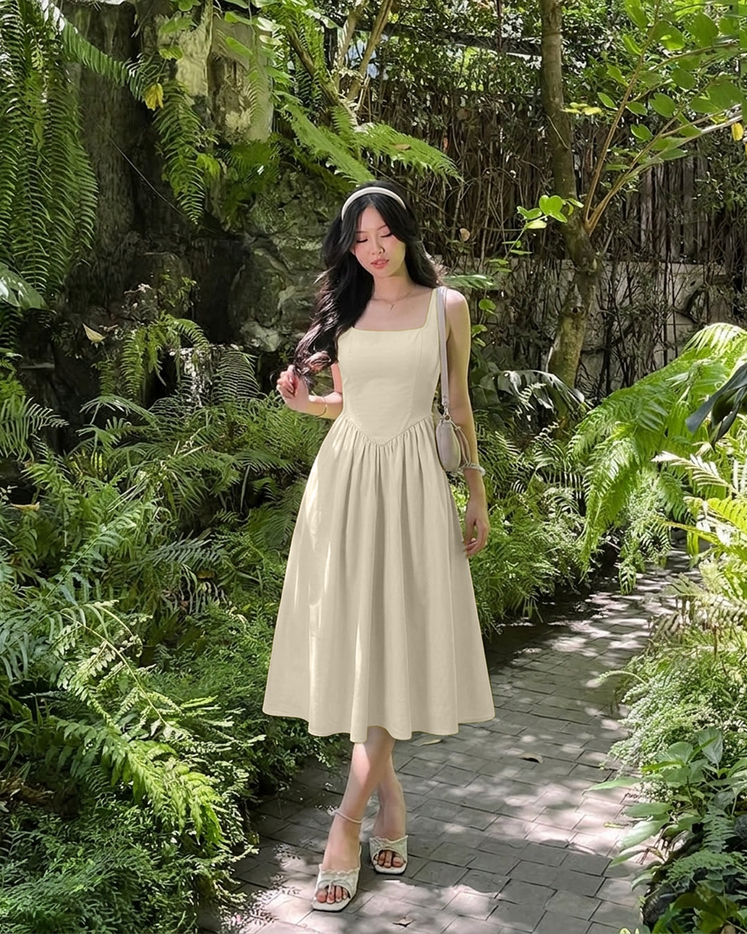 Square Neck V Waisted Midi Dress in Cream
