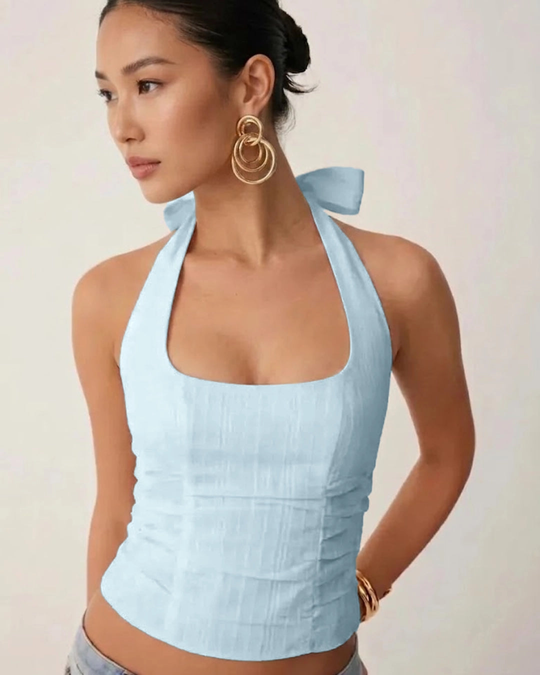 Tie Back Halter Fitted Top in Powder Blue